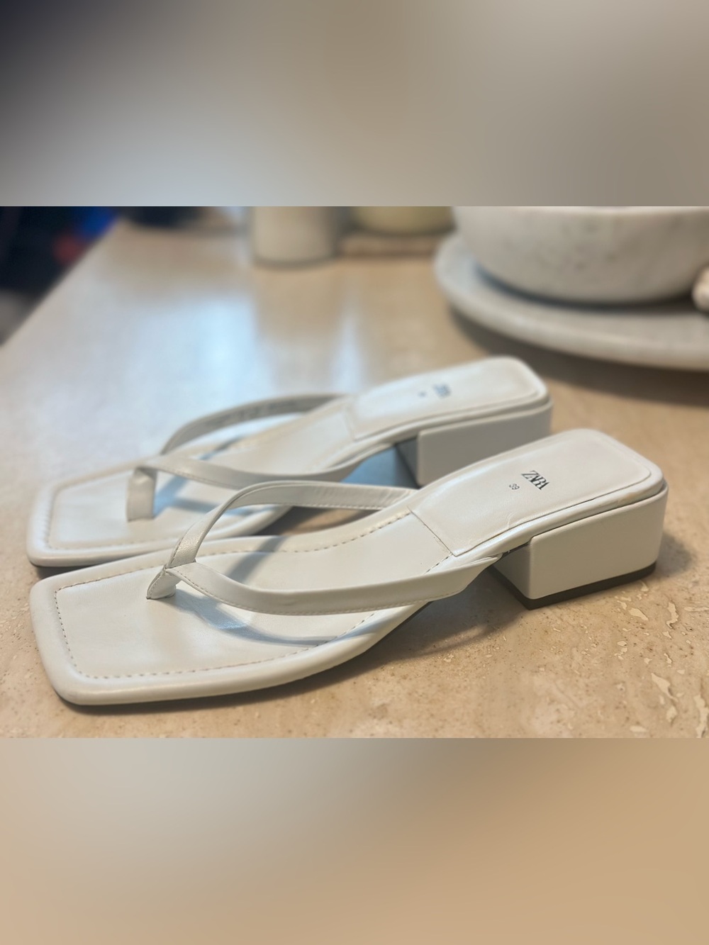 Zara White Square-Toe Block Heel Thong Sandals